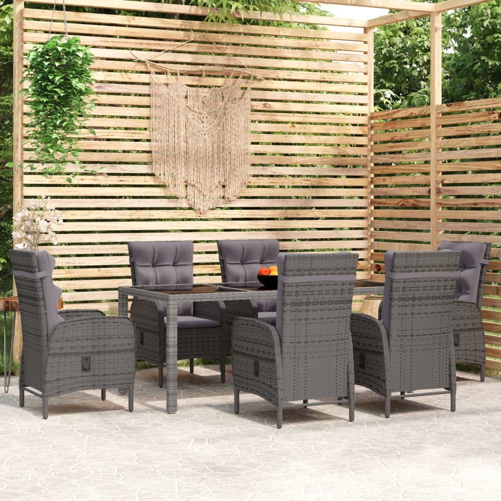vidaXL Patio Dining Set 7 Piece Garden Outdoor Lawn Yard Terrace Balcony Reclining Table and Chair Seat Seating Recliner Furniture Poly Rattan Gray