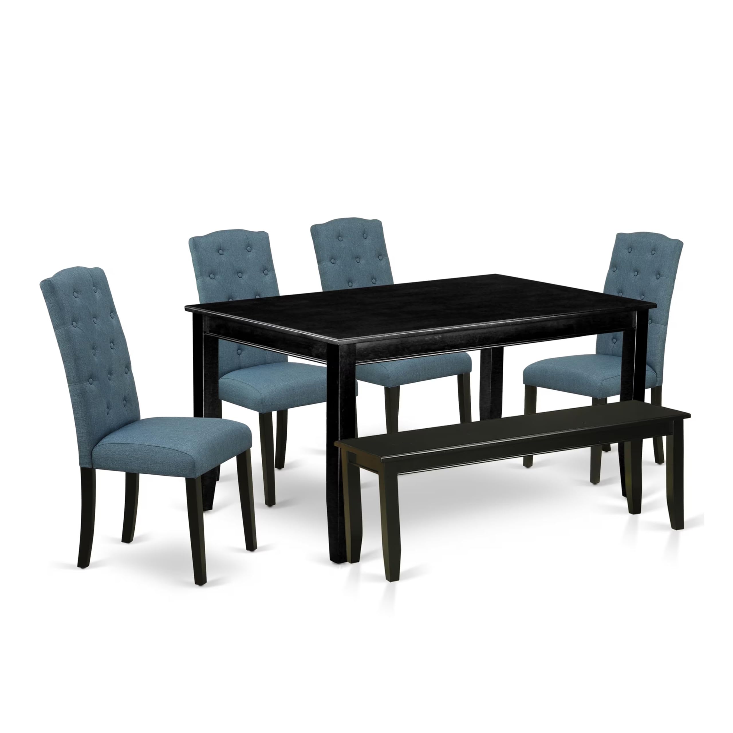 East West Furniture Duce6-Blk-21 6 Piece Dinette Set Contains A Rectangle Dining Room Table And 4 Mineral Blue Linen Fabric Parson Chairs With A Bench, 36X60 Inch, Black