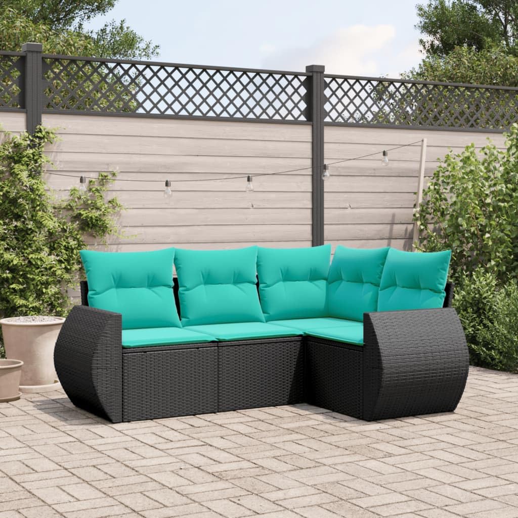 vidaXL Patio Sofa Set with Cushions Outdoor Furniture - Black PE Rattan, Modular 4-Piece Garden Seating with Storage, Weather-Resistant