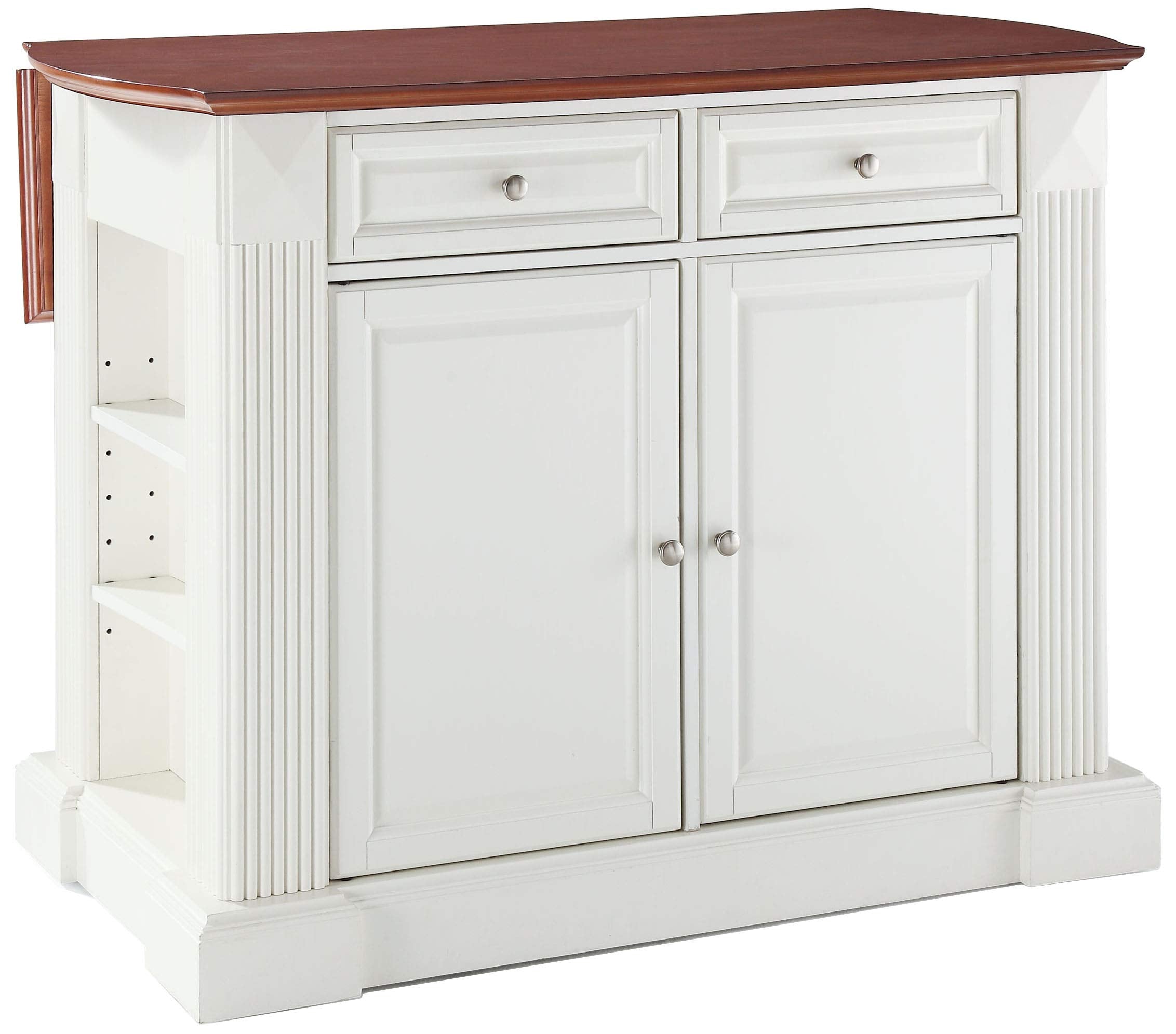 Crosley Furniture Drop Leaf Kitchen Island/Breakfast Bar With 24-Inch Upholstered Square Seat Stools, White/Classic Cherry