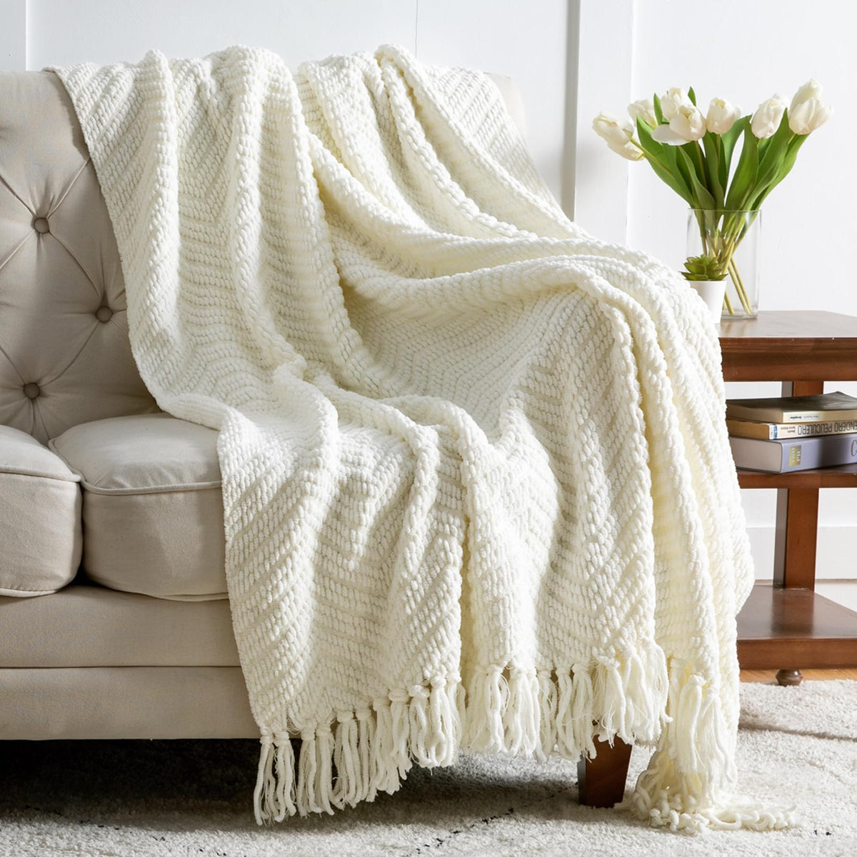 Bedsure Cream White Throw Blanket For Couch, Knit Woven Chenille Blanket Versatile For Twin Bed, 60 X 80 Inch, Super Soft Warm D