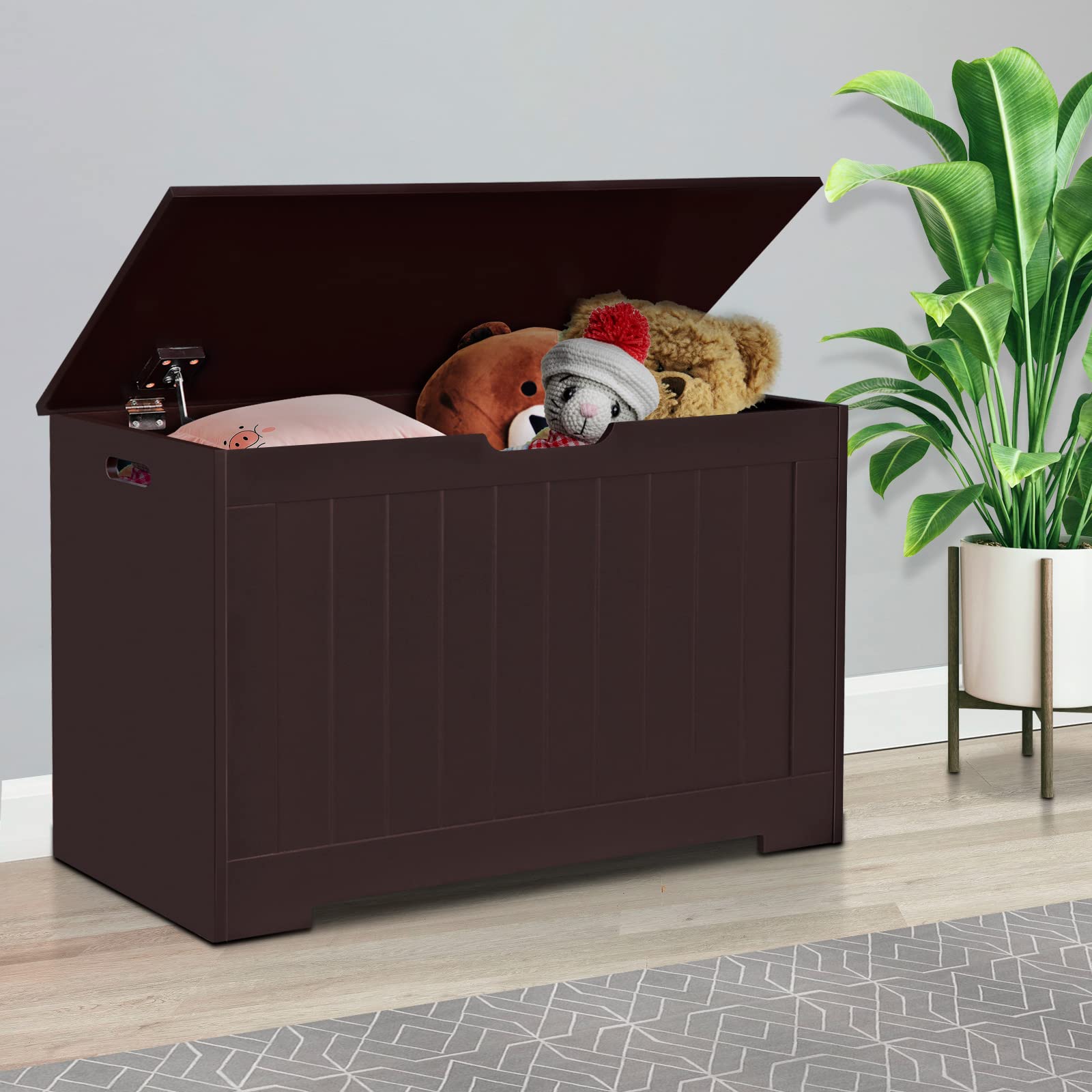 Super Deal Storage Chest, 30 Inches Toy Chest Box Organizer With 2 Safety Hinges, Wooden Entryway Storage Bench, Brown