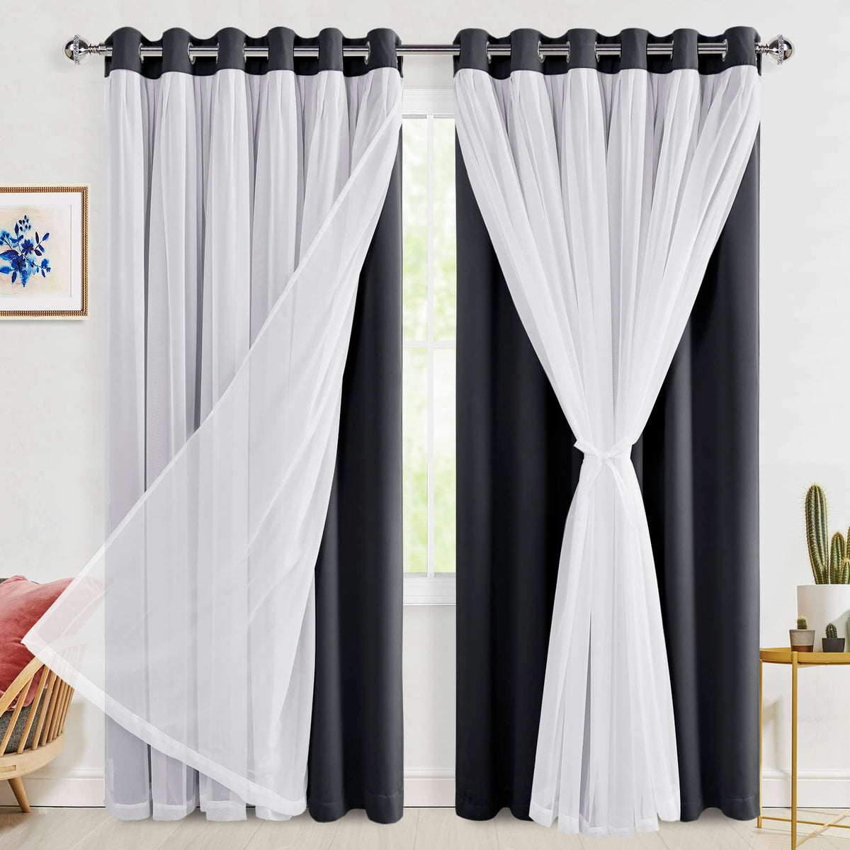 Hiasan Black Blackout Curtains with Sheer Overlay, Grommet Thermal Insulated Mix & Match Double Layer Window Curtains for Bedroo