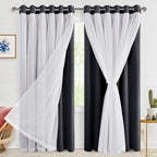 Hiasan Black Blackout Curtains with Sheer Overlay, Grommet Thermal Insulated Mix & Match Double Layer Window Curtains for Bedroo