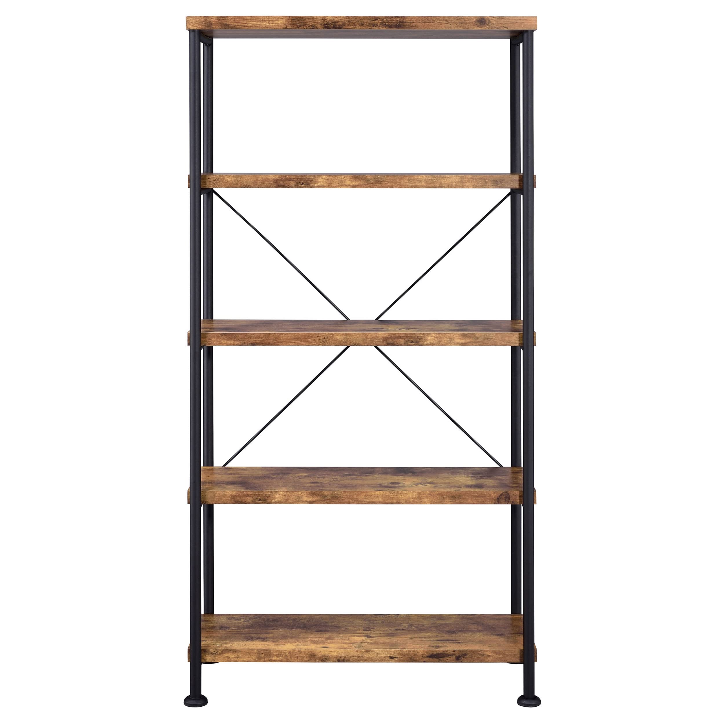 Coaster Home Furnishings Analiese Rustic Industrial 4-Tier Bookcase Etagere Bookshelf Office Storage Book Shelf Engineered Eco-Friendly Wood Look Laminate Sturdy Black Steel Base Rustic Nutmeg 801542