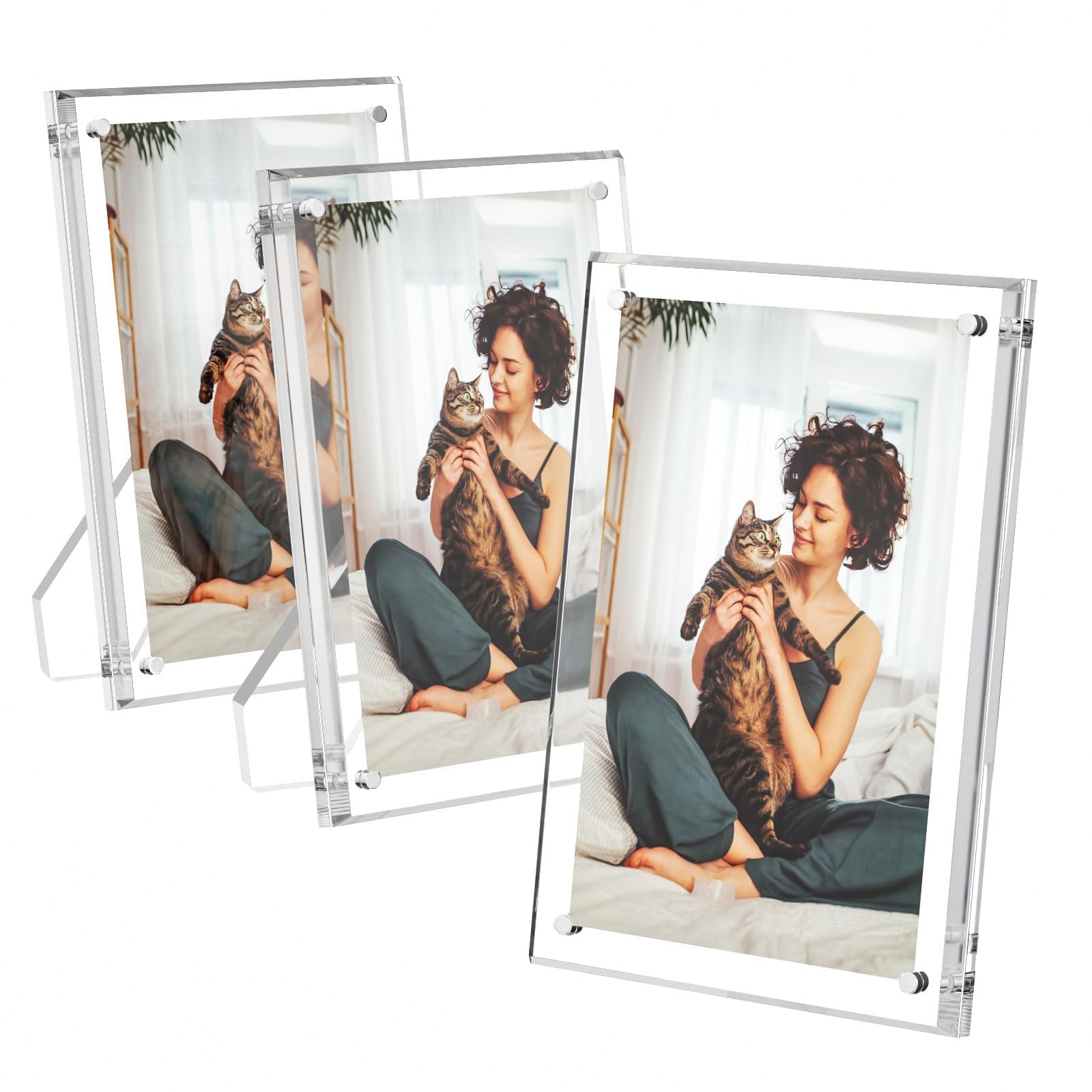 AITEE 5x7 Acrylic Picture Frames 3 Pack, Clear Picture Frames with Stand, Magnetic Frame Acrylic Lucite Frameless Transparent Cu