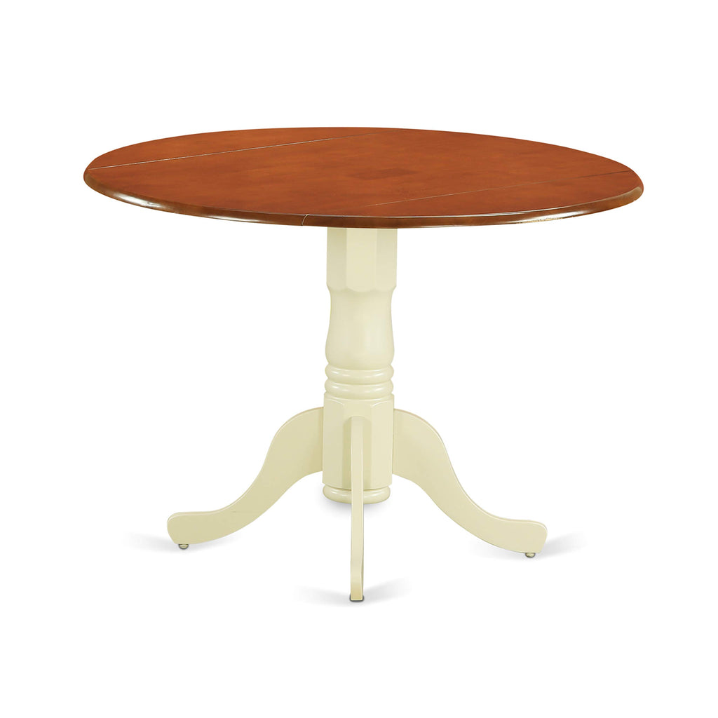 East West Furniture DLAV5-BMK-W 5 Piece Kitchen Table Set for 4 Includes a Round Dining Room Table with Dropleaf and 4 Solid Wood Seat Chairs, 42x42 Inch, Buttermilk & Cherry