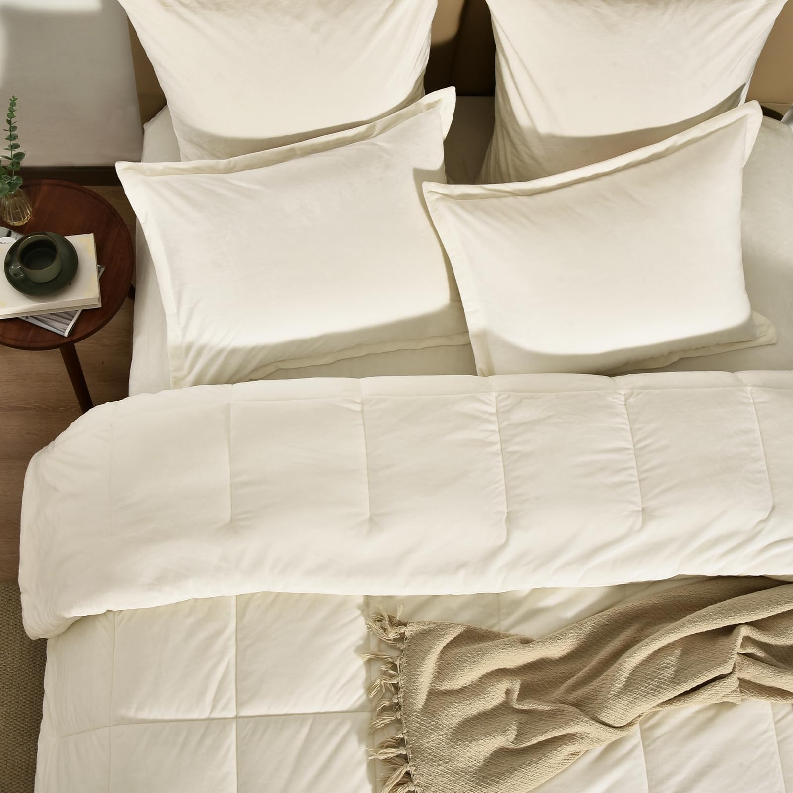 Phf Velvet Comforter Set Queen Size, 5 Piece Soft Luxury Silk Bedding Comforter Sets, Winter Warm Fluffy Bed In A Bag Including 1 Cozy Comforter, 2 Pillow Shams, 2 Euro Shams For Home Decor, Cream