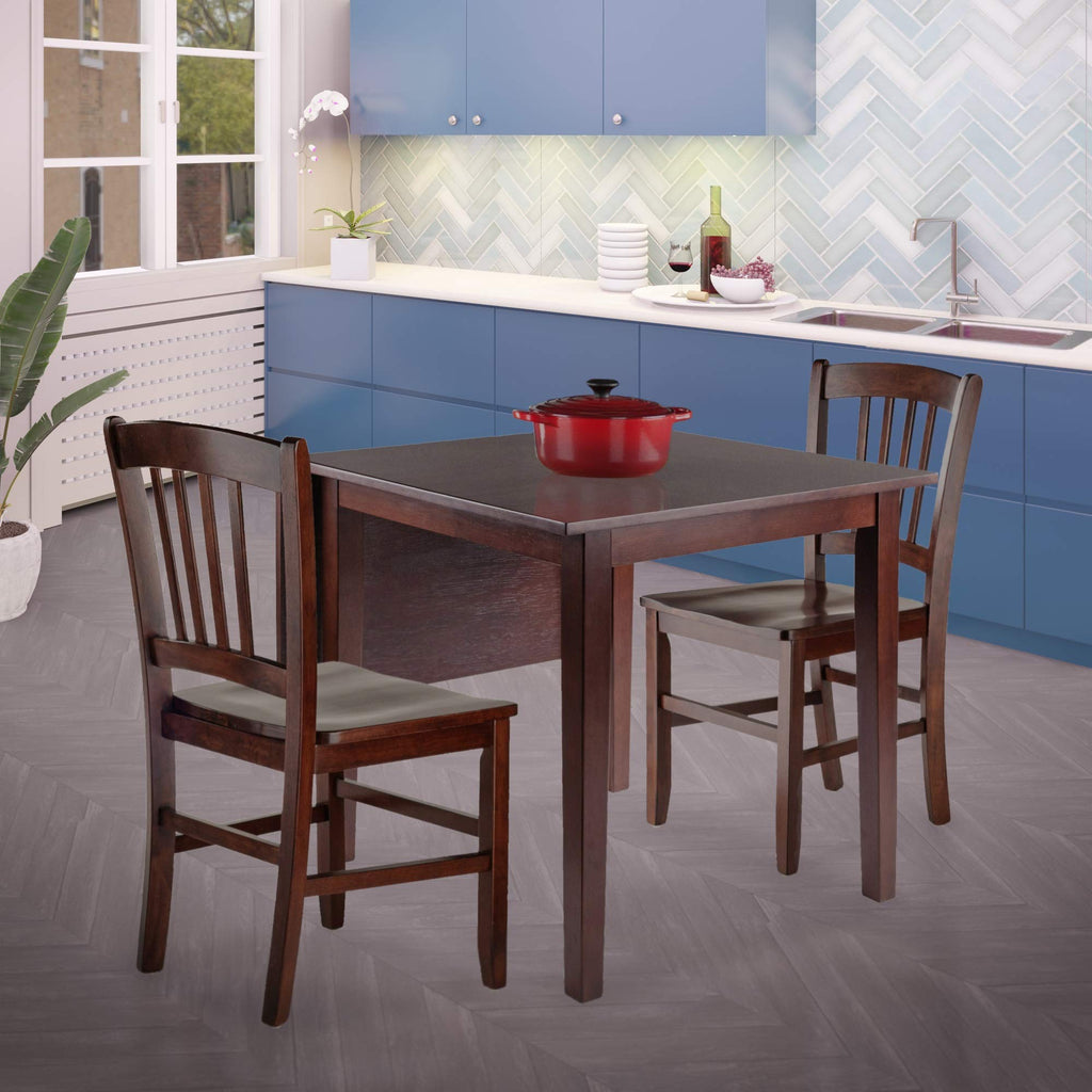 Ergode Perrone Drop Leaf Dining Table and Chairs Set - Elegant and Space-Saving, Solid Wood, Walnut Finish, Includes 2 Slat Back Chairs.