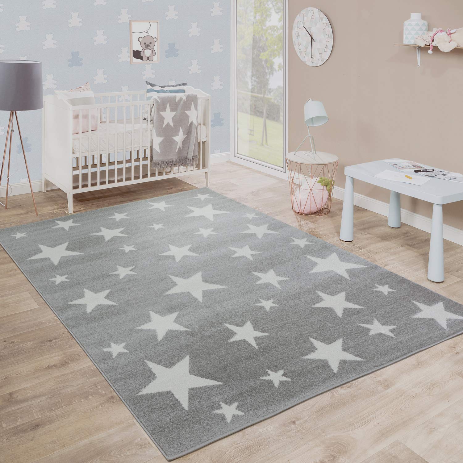 Paco Home Modern Low-Pile Kids Rug Star Design Children'S Room Grey White, Size: 4'4' Square