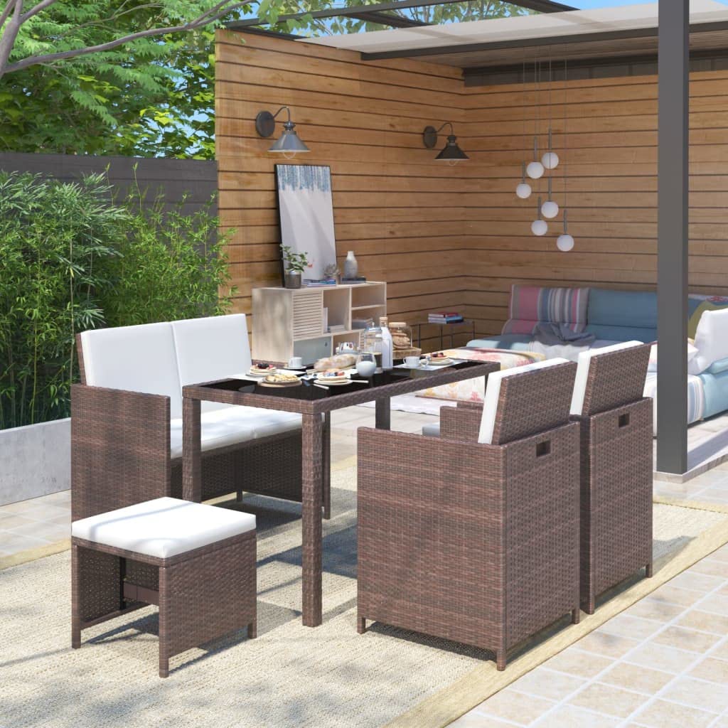 6 Piece Outdoor Dining Set with Cushions Poly Rattan Brown