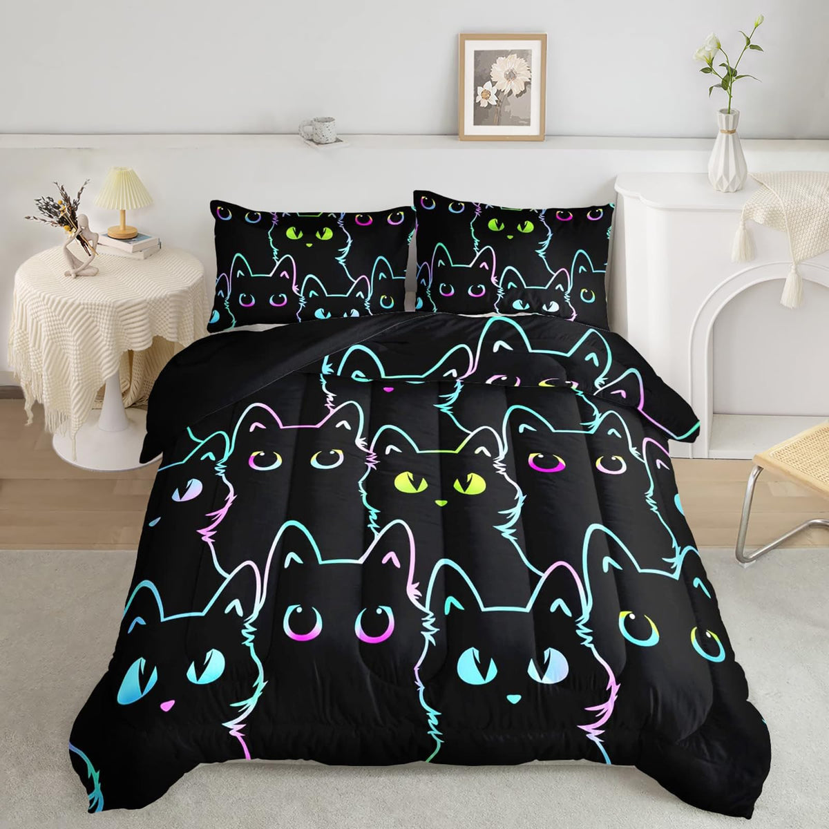 Axolotl Kids Bedding Cartoon Cat Comforter Set Queen Size,Gradient Line Cute Cat Bedding Set For Teens Kids Boys Girls Adults Ro