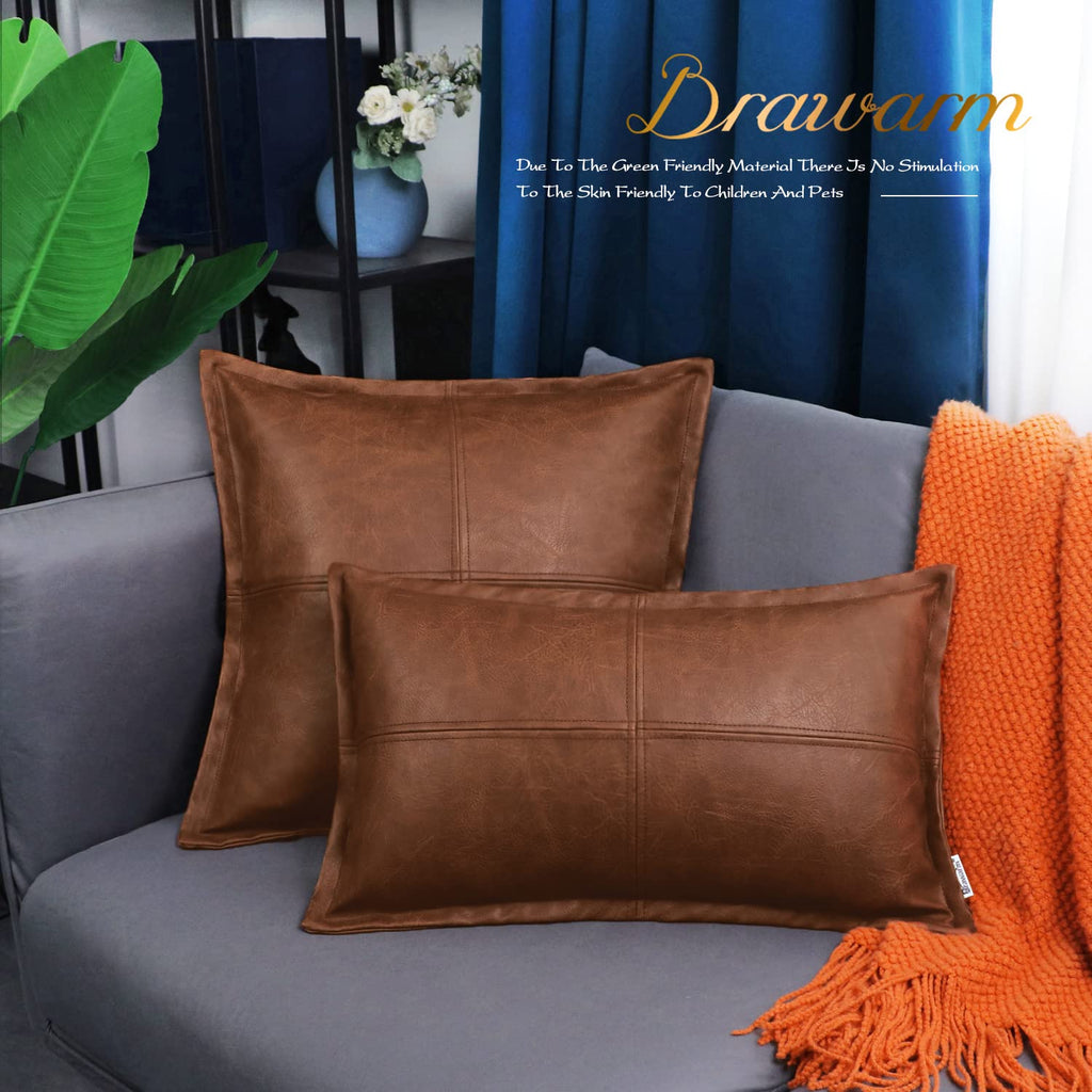 Brawarm Brown Leather Throw Pillow 16 X 16 Inches, Faux Leather Pillow Cover With Piping, Hand Stitched Leather Decorative Throw