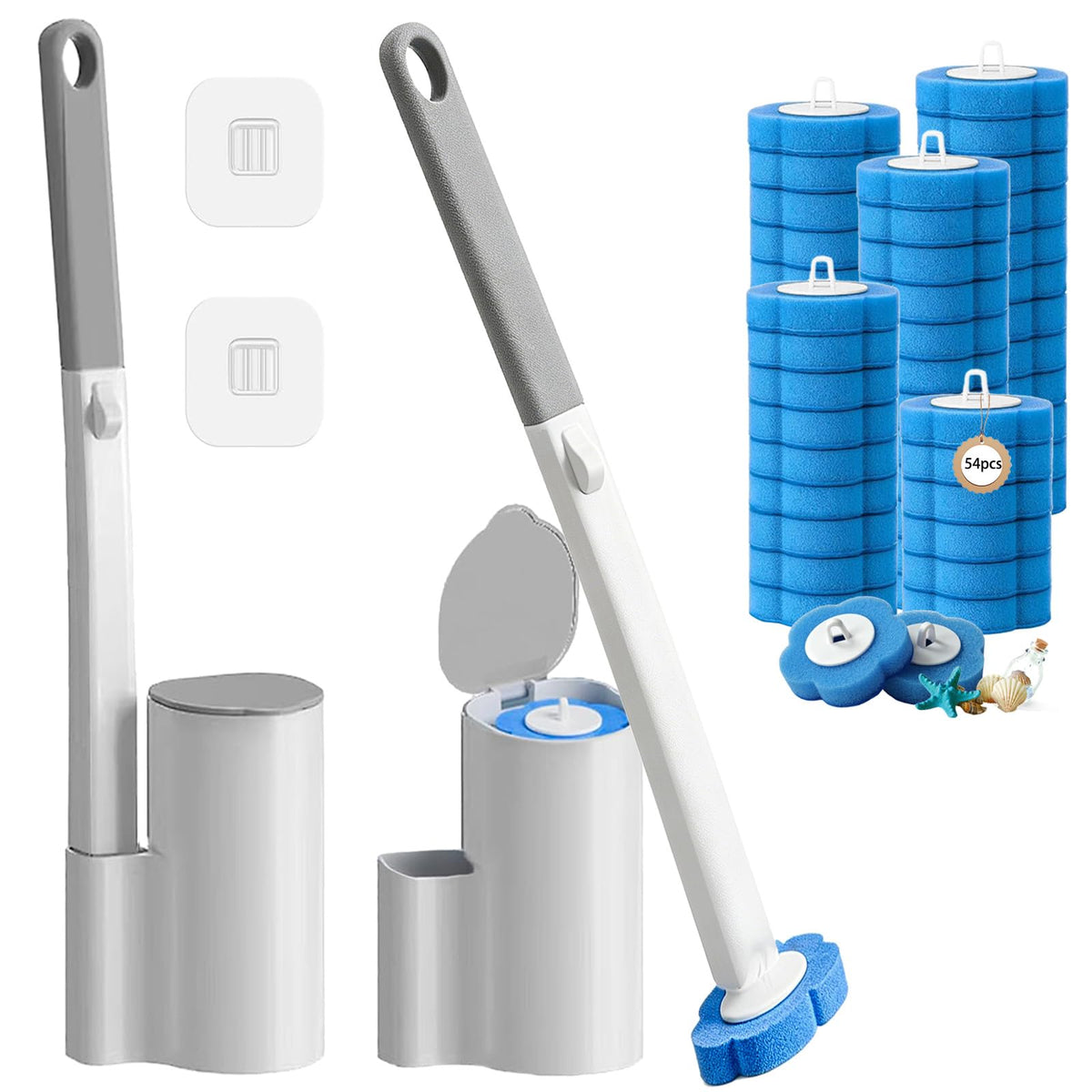 2 Pack Disposable Toilet Brush and Holder Set with 54 Refill Heads