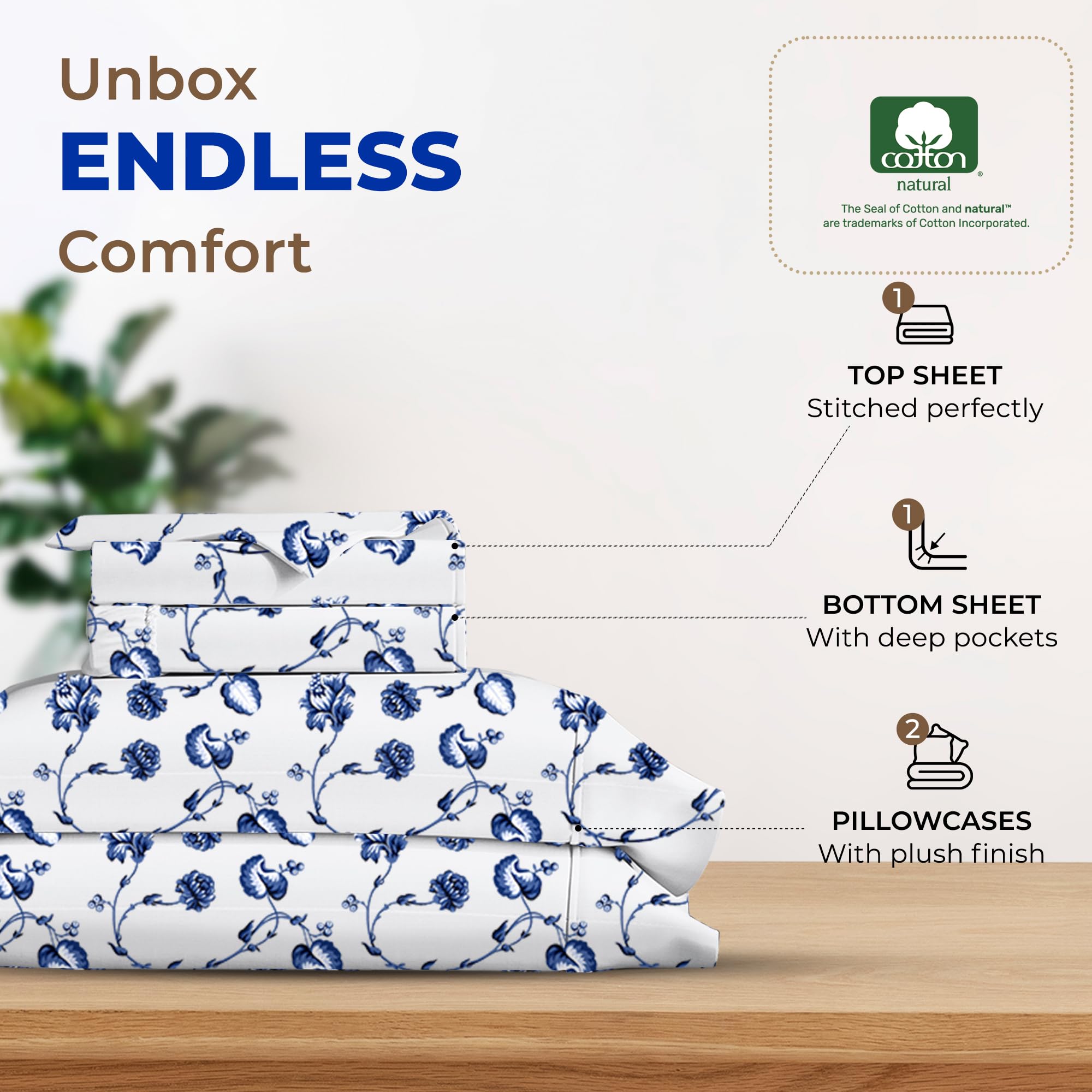 Thread Spread 100% Egyptian Cotton Printed Bed Sheets - 600 Thread Count 4 Pc California King Sheet Set, Hotel Luxury Bedsheets, 16' Deep Pocket Cooling Sheets For Cal King Size Bed - Floral Blue