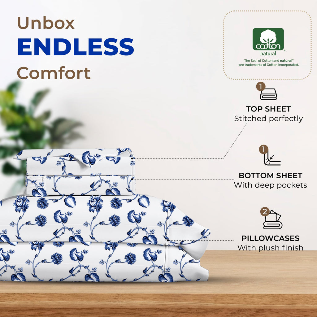 Thread Spread 100% Egyptian Cotton Printed Bed Sheets - 600 Thread Count 4 Pc King Sheet Set, Hotel Luxury Sateen Bedsheets, 16' Deep Pocket Soft Cooling Sheets For King Size Bed - Floral Blue