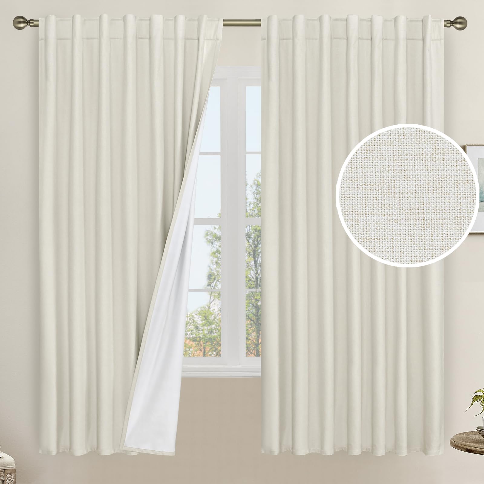 Lamit Natural 100% Blackout Linen Curtains, 63 Inches Linen Textured Thermal Bedroom Curtains Back Tab And Rod Pocket Neutral Pa