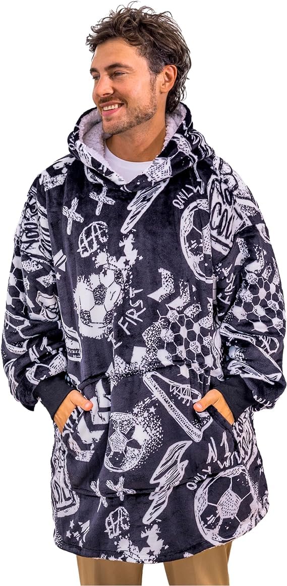 The Big Softy Oversized Blanket Hoodie Men - Graphic Print Football Hoodie Blanket, Sherpa Hooded Blanket, Oversized Black Hoodi