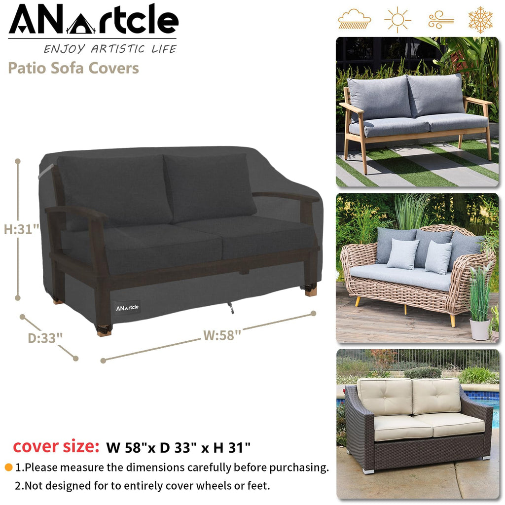 Anartcle 2-Seater Patio Loveseat Cover,58W X 32.5D X 31H Inches Outdoor Couch Cover,100% Waterproof Heavy Duty Patio Sofa Covers