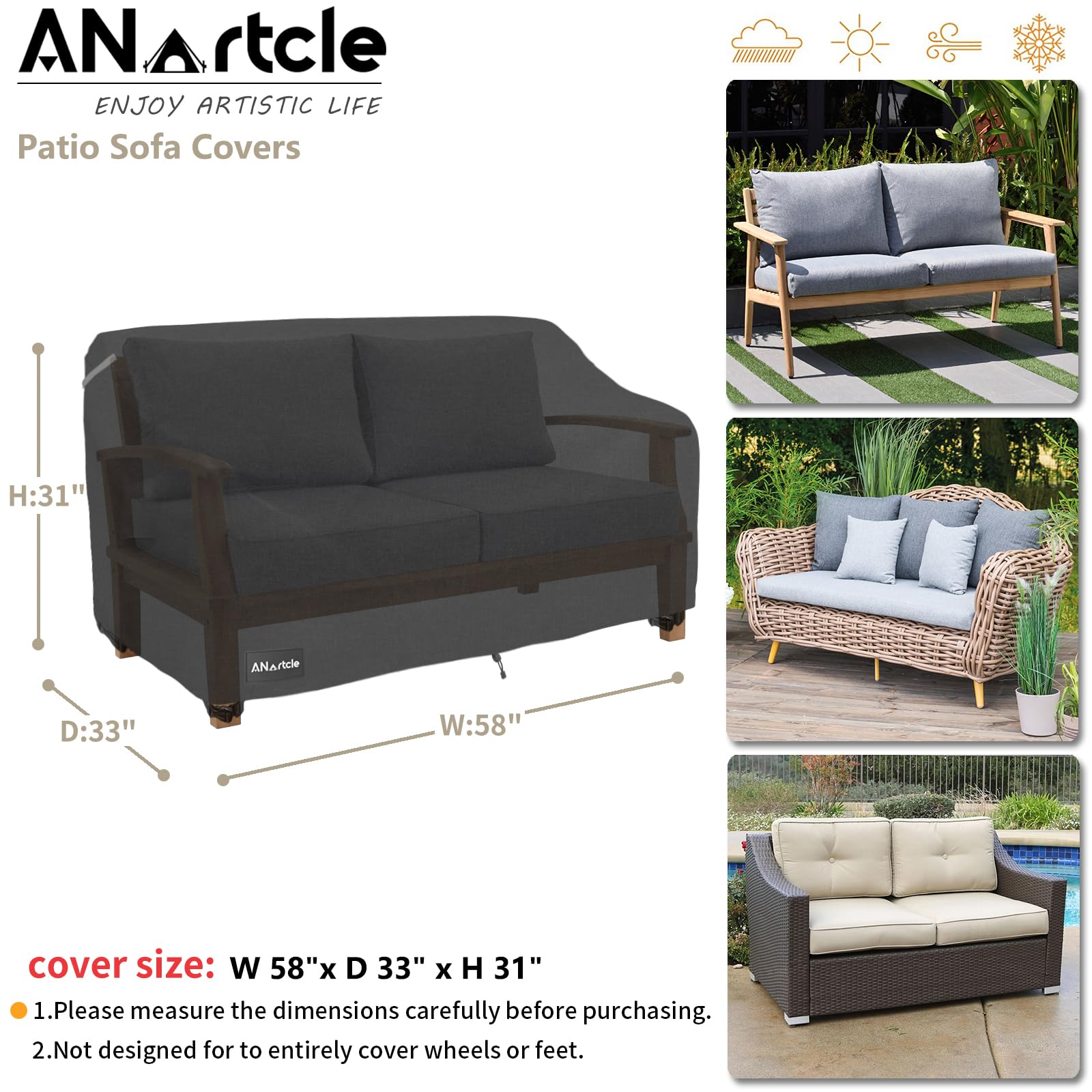 Anartcle 2-Seater Patio Loveseat Cover,58W X 32.5D X 31H Inches Outdoor Couch Cover,100% Waterproof Heavy Duty Patio Sofa Covers