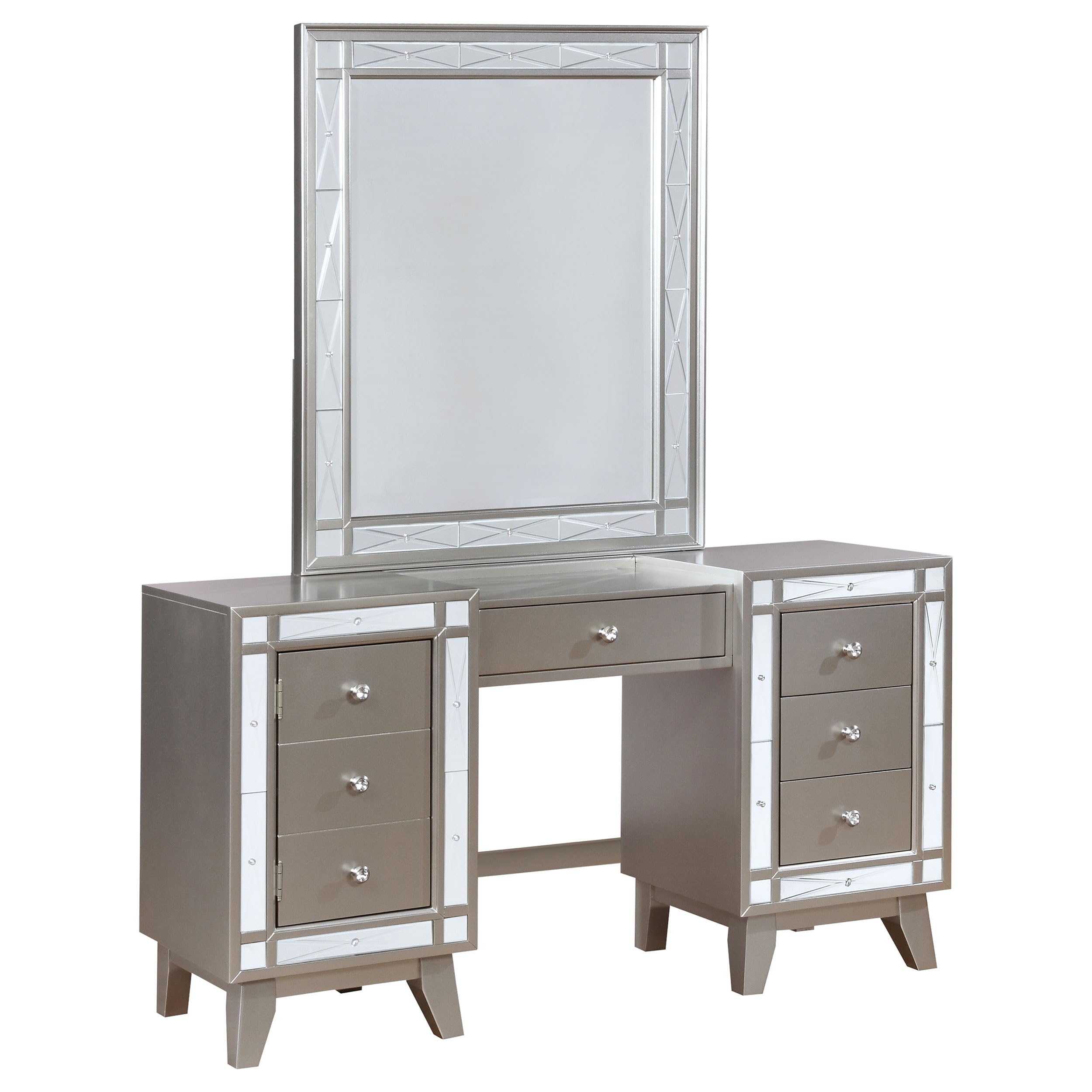 Coaster Home Furnishings Leighton Modern Classic 3-Piece 7-Drawer Makeup Vanity Desk with Mirror for Bedroom Makeup Table with Upholstered Vanity Seating Mirrored Details Metallic Mercury 204927-SET