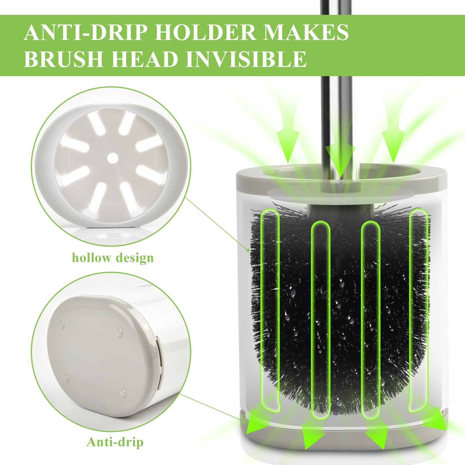 Aonez Compact Toilet Brush & Holder, Stainless Steel Handle, Space Saving For Storage, Deep Cleaning, Drip-Proof, Easy To Assemb