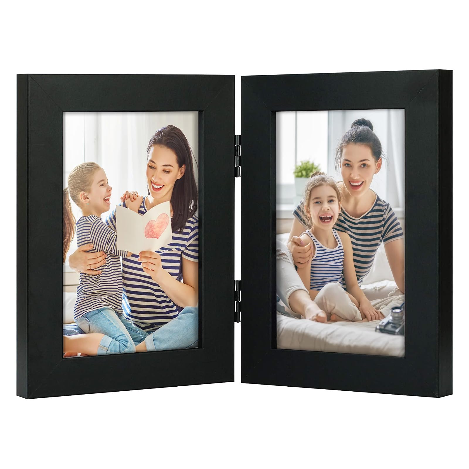 Golden State Art, 4x6 Double Hinged Picture Frame, Two Photo Folding Frames, for Wedding Family Pictures Collage (Black, Double,