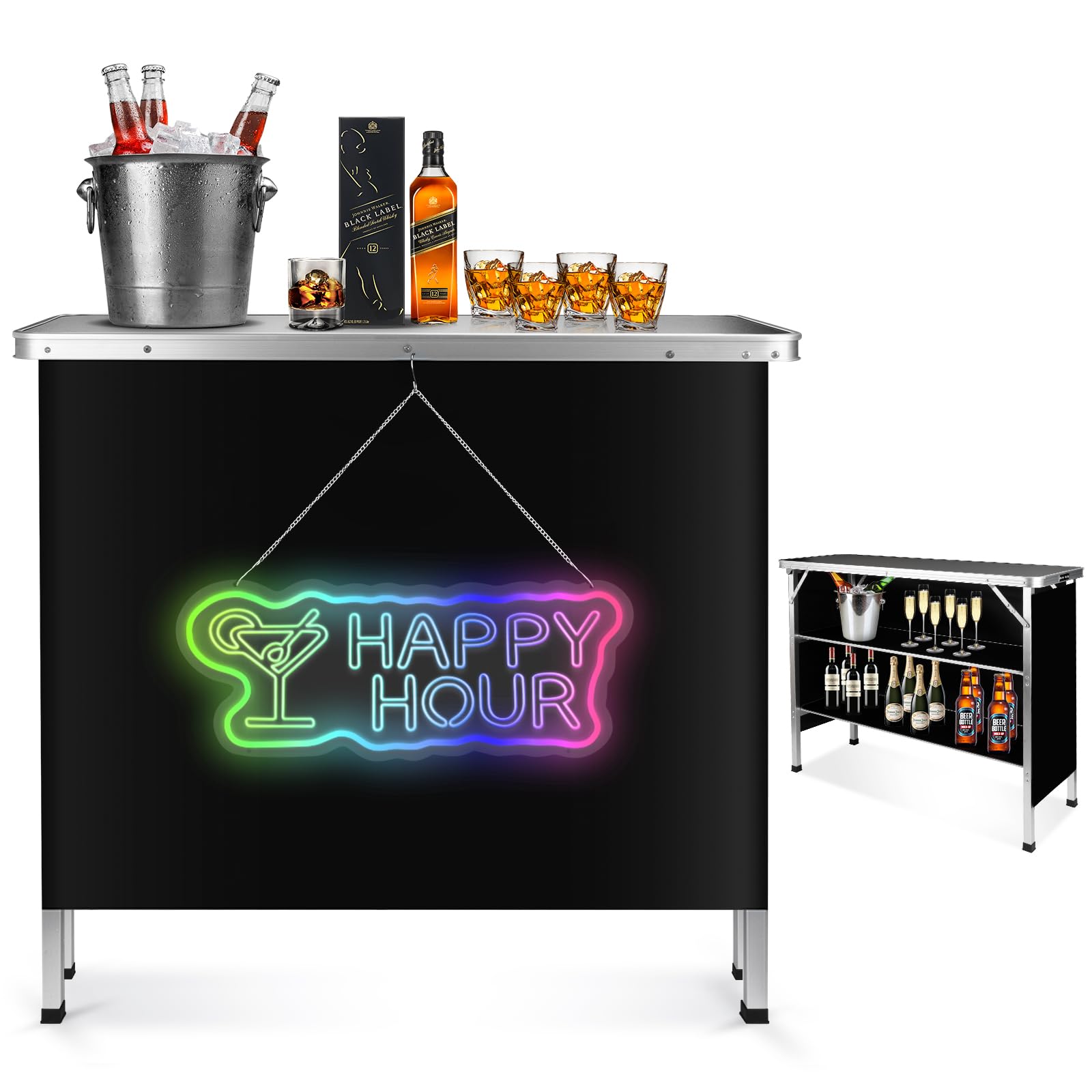 Brillihood Portable Double Shelves Bar Table With Mirrored Neon Sign - Happy Hour, Led Light Up Sign & Mobile Bartender Station