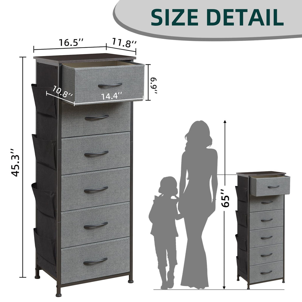 Somdot Tall Dresser For Bedroom With 6 Drawers And Side Pockets, Storage Organizer Chest Of Drawers With Fabric Bins For Closet Bedside Nursery Living Room Entryway Hallway, Charcoal Grey