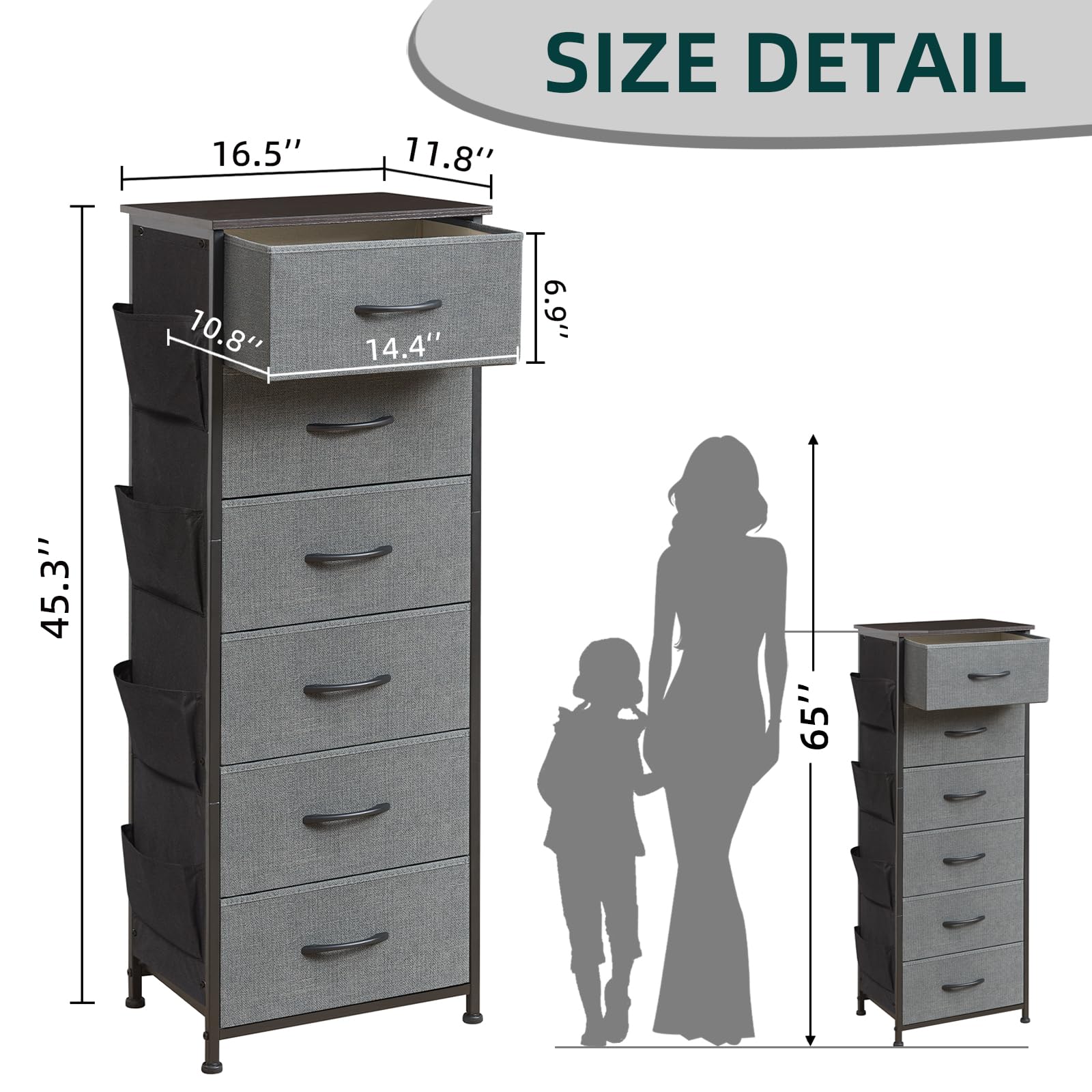 Somdot Tall Dresser For Bedroom With 6 Drawers And Side Pockets, Storage Organizer Chest Of Drawers With Fabric Bins For Closet Bedside Nursery Living Room Entryway Hallway, Charcoal Grey
