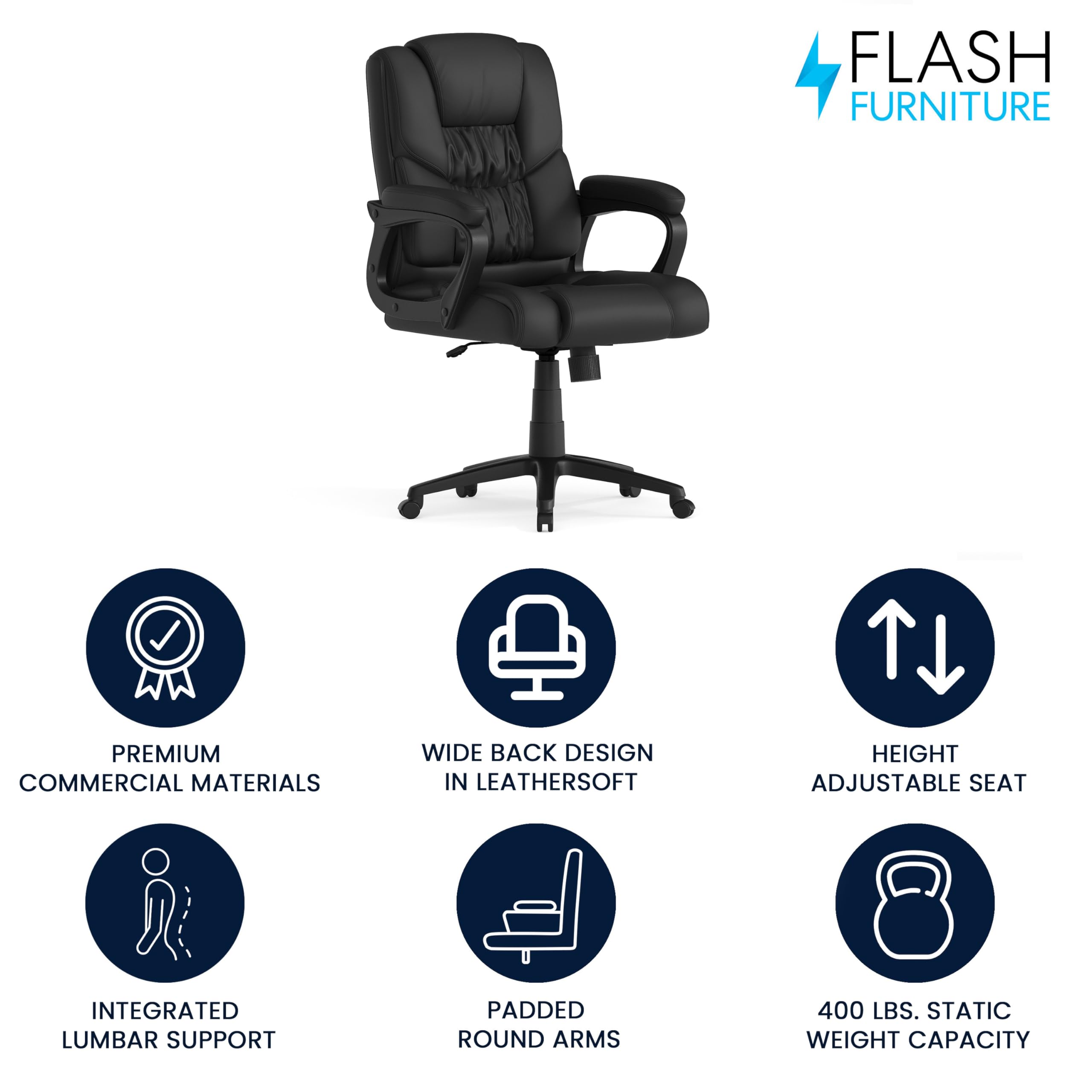 Flash Furniture Fundamentals Big & Tall Swivel LeatherSoft Office and Gaming Chair, Ergonomic Office Chair with Padded Armrests and Adjustable Height, Black