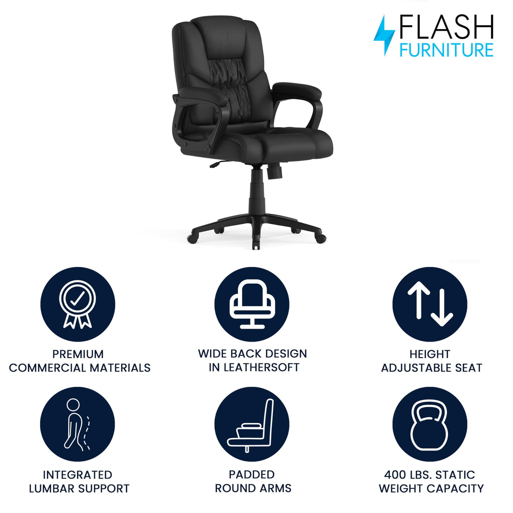 Flash Furniture Fundamentals Big & Tall Swivel LeatherSoft Office and Gaming Chair, Ergonomic Office Chair with Padded Armrests and Adjustable Height, Black