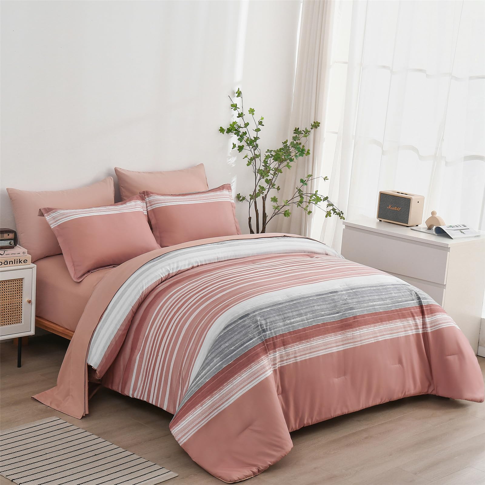 Kakijumn 5 Piece Bed In A Bag Stripe Comforter Set Twin Size, White Grey Blush Pink Patchwork Striped Comforter And Sheet Set, A