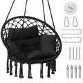 Krofem Macrame Hammock Hanging Swinging Chair With Medium Cushion, Perfect For Bedroom, Porch, Adults, Balcony, Black