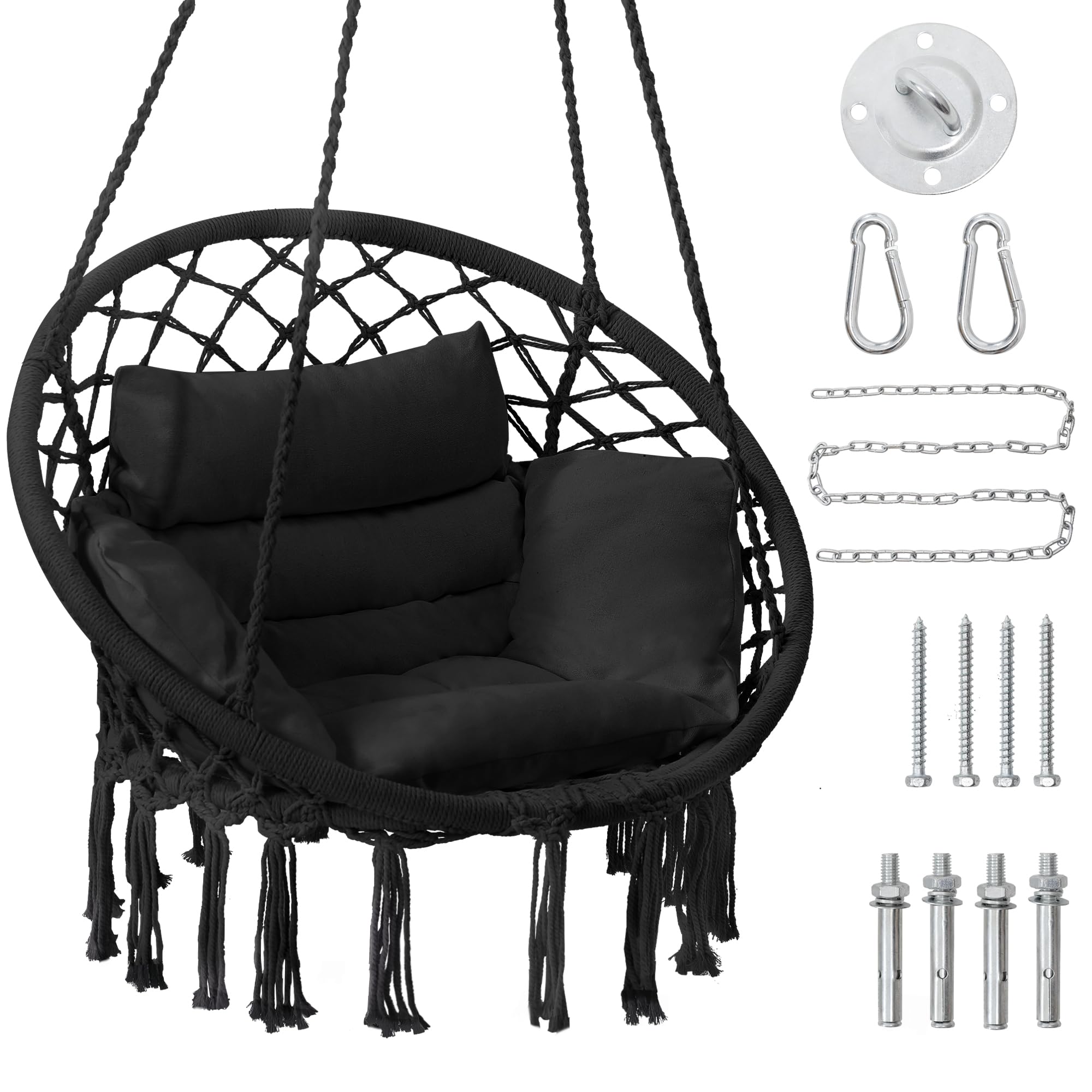 Krofem Macrame Hammock Hanging Swinging Chair With Medium Cushion, Perfect For Bedroom, Porch, Adults, Balcony, Black