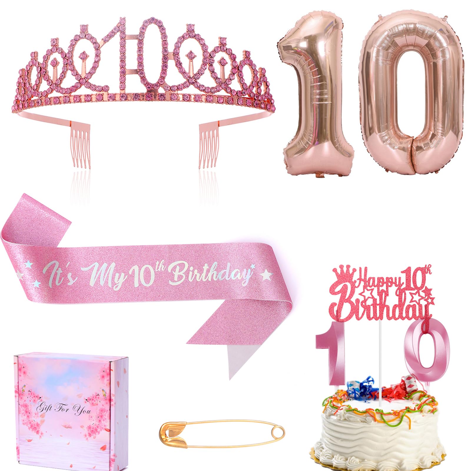 10th Birthday Candle Sash and Tiara,Its My 10th Birthday Sash Rhinestone Crown Happy Birthday Cake Topper Foil 10 Balloon for G