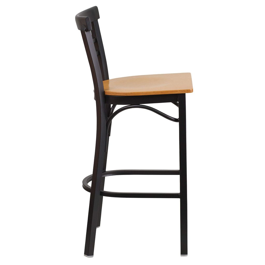 Flash Furniture HERCULES Series Black Two-Slat Ladder Back Metal Restaurant Barstool - Natural Wood Seat