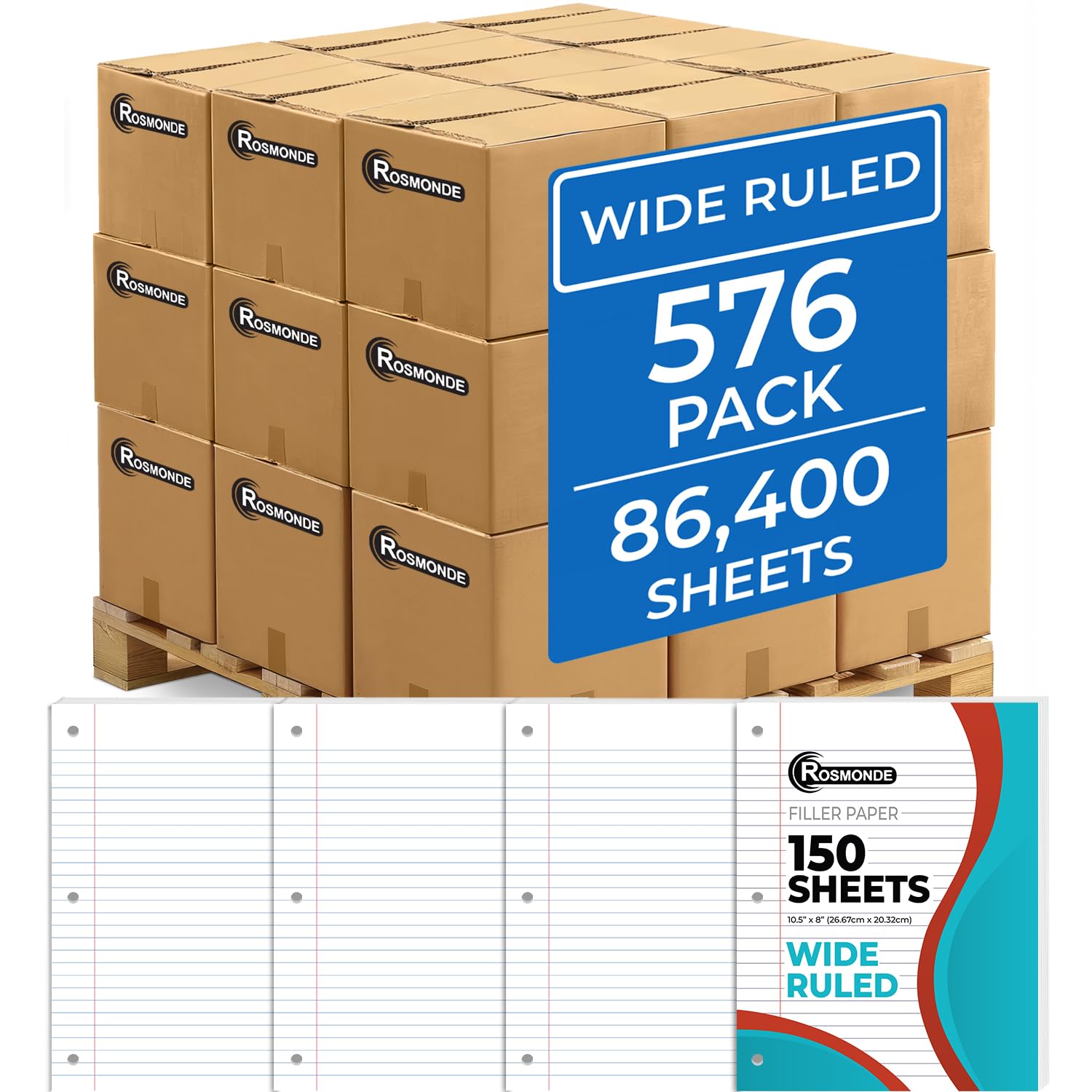 Rosmonde 576 Pack (Pallet) Loose Leaf Paper Bulk, 86400 Sheets, Wide Ruled, Pallet Of Filler Paper, 150 Sheets/Pack, 8 X 10.5',