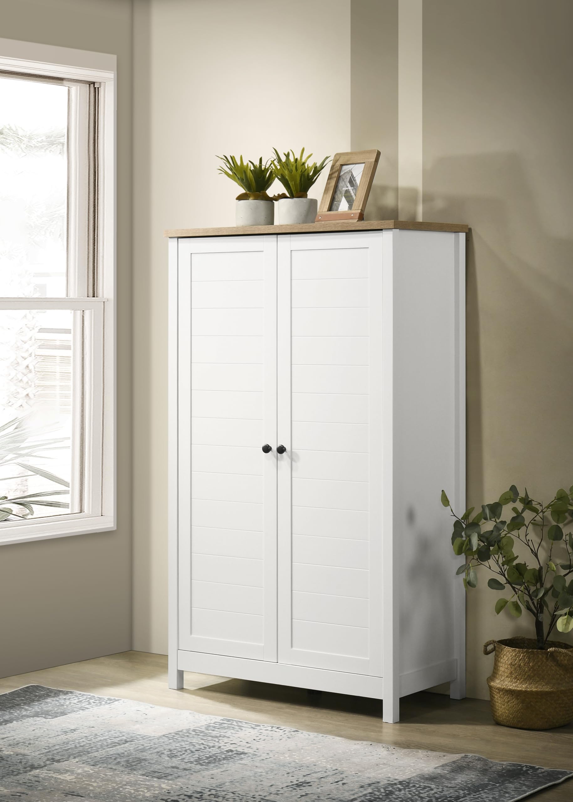 LILOLA LIVING Claire White Storage Cabinet with Oak Accent Finish and Framed Slatted Panel Design