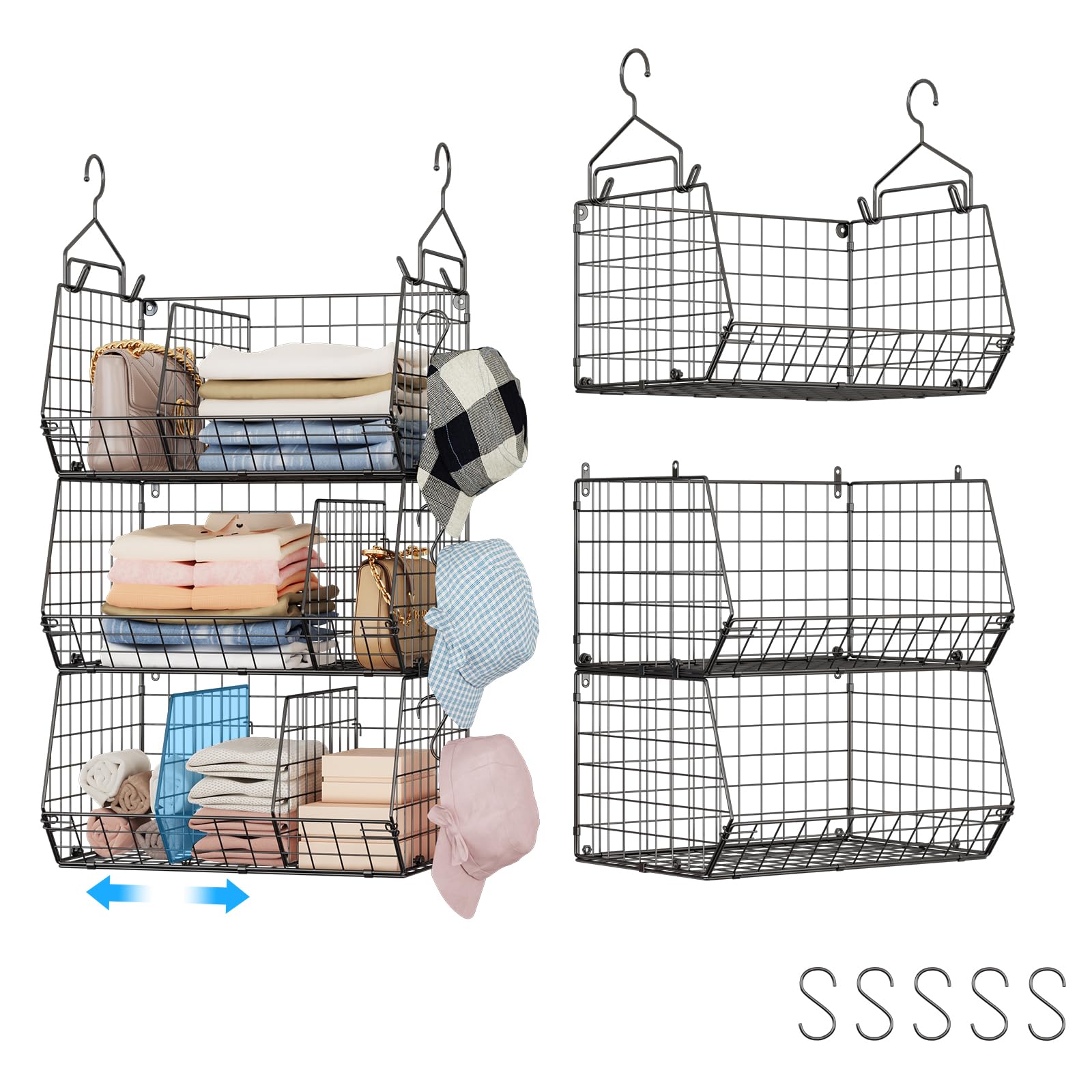 Jautokerdar 3 Tier Closet Hanging Shelves with Divider, Extra Large Closet Organizers and Storage, Clothes Hanging Organizer Clo