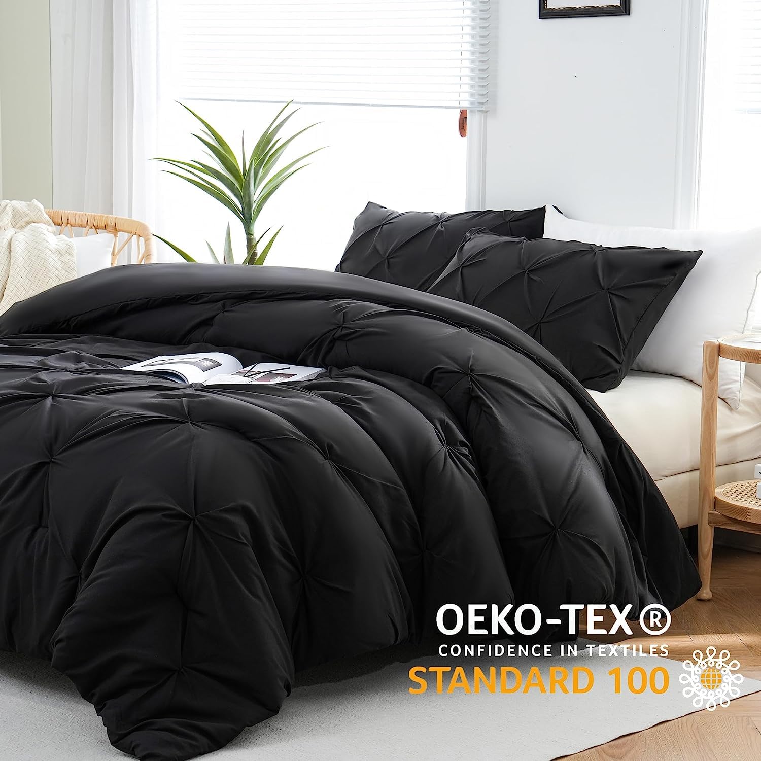 Downcool King Comforter Set - Black Comforter King Size, 3-Piece Pintuck Bedding Comforter Sets, 1 Pinch Pleated Comforter And 2