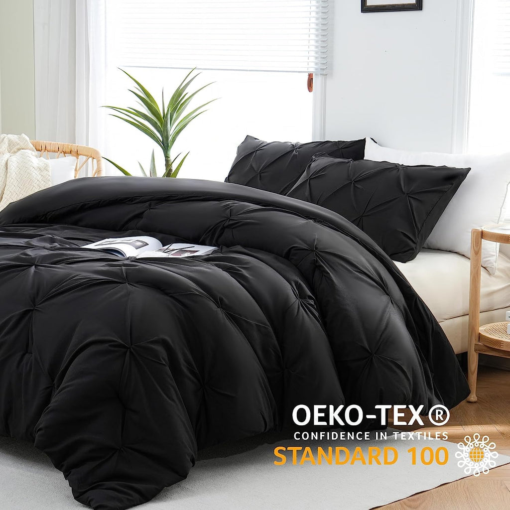 Downcool King Comforter Set - Black Comforter King Size, 3-Piece Pintuck Bedding Comforter Sets, 1 Pinch Pleated Comforter And 2