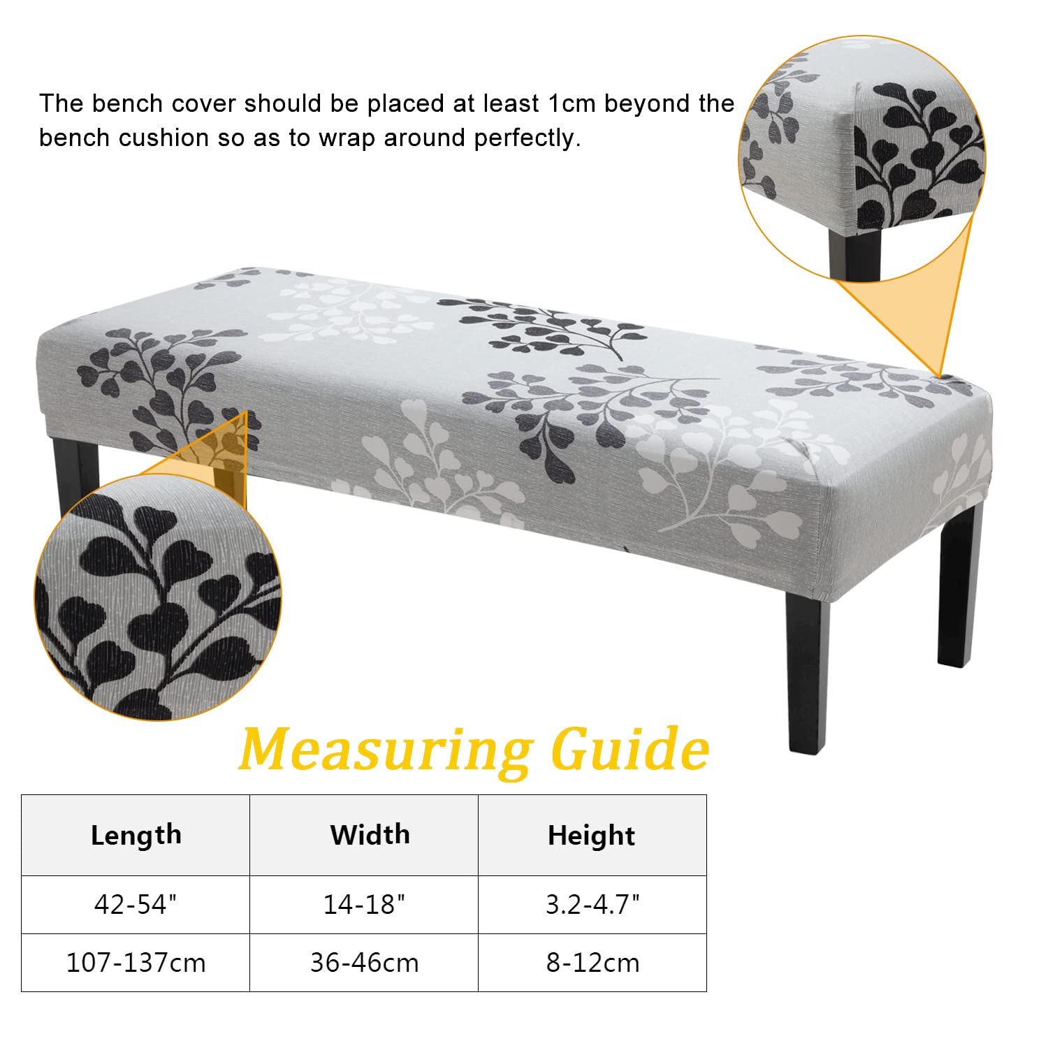 Fuloon Stretch Dining Bench Cover, Anti-Dust Removable Bench Slipcover Washable Print Bench Seat Protector Cover For Living Room, Bedroom, Kitchen (Gray-Black)