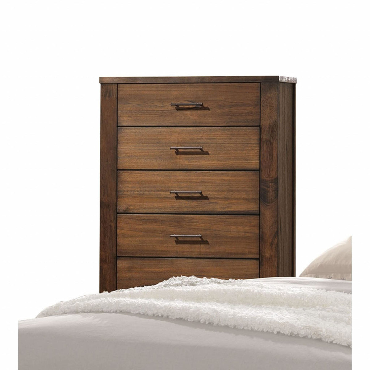 HomeRoots Wood, Composite Wood 48' Oak Finish 5 Drawer Chest Dresser with Brass Metal Hardware