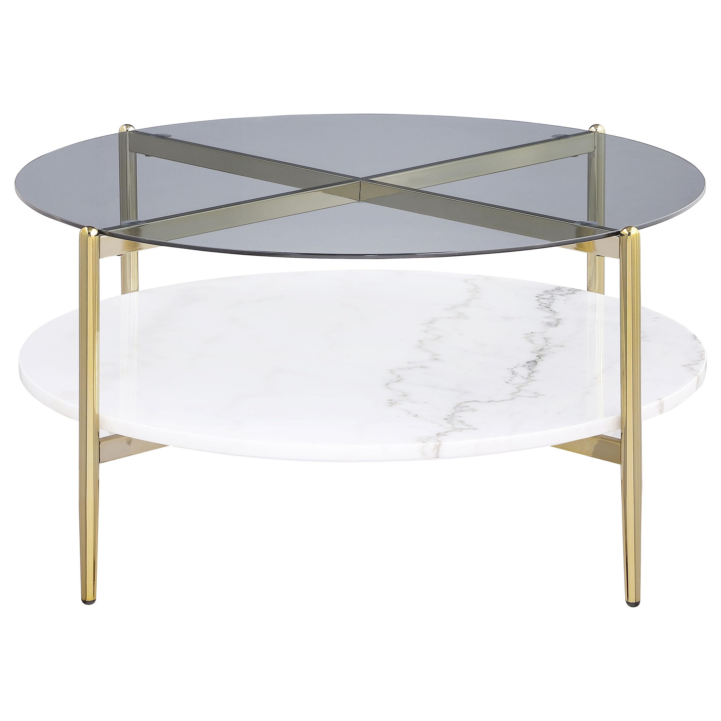 Coaster Home Furnishings Jonelle Round Glass Top Coffee Table White Marble Shelf Gold
