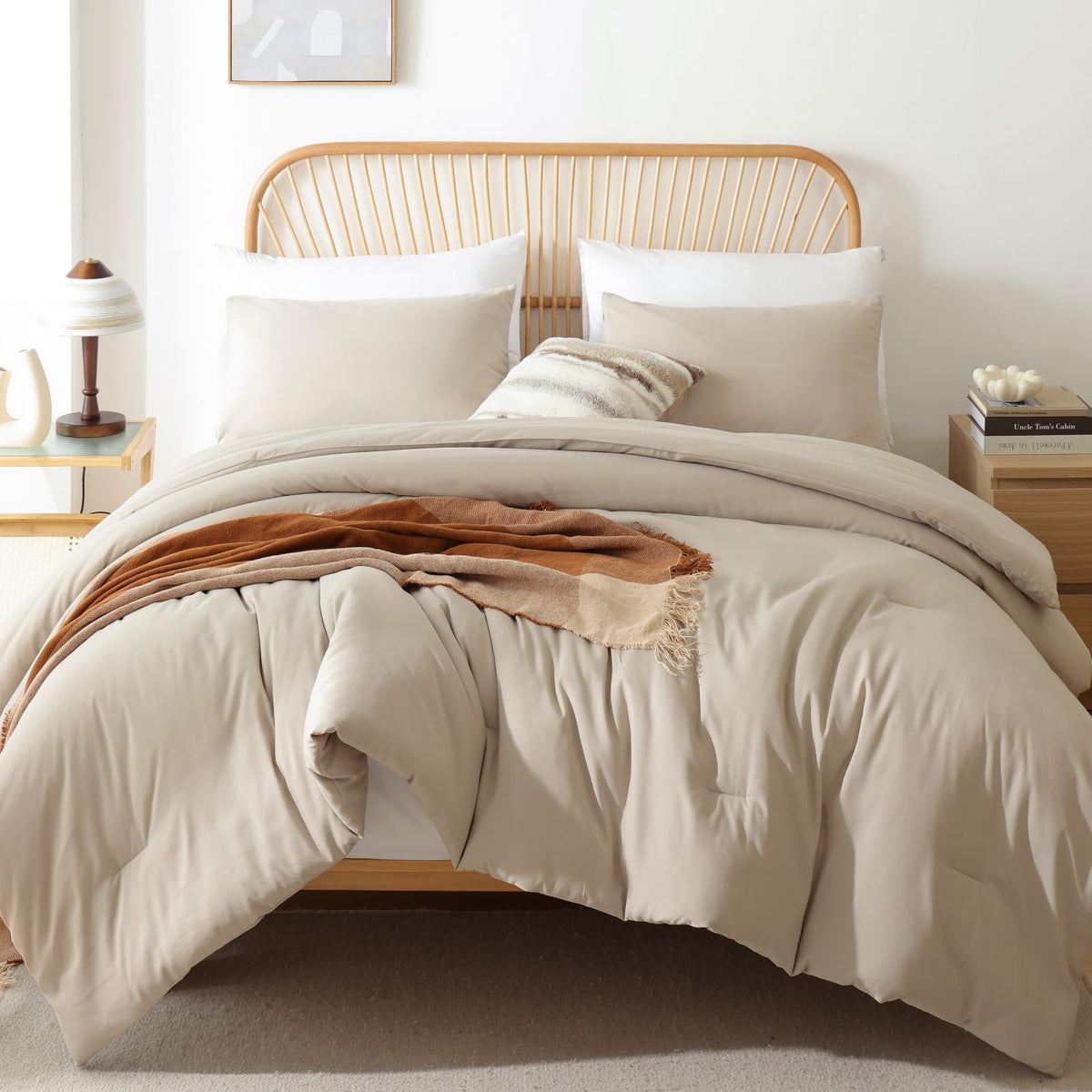 Rosgonia California King Comforter Set Light Khaki, 3Pcs (1 Boho Cal King Comforter & 2 Pillowcases) All Season Lightweight Beds