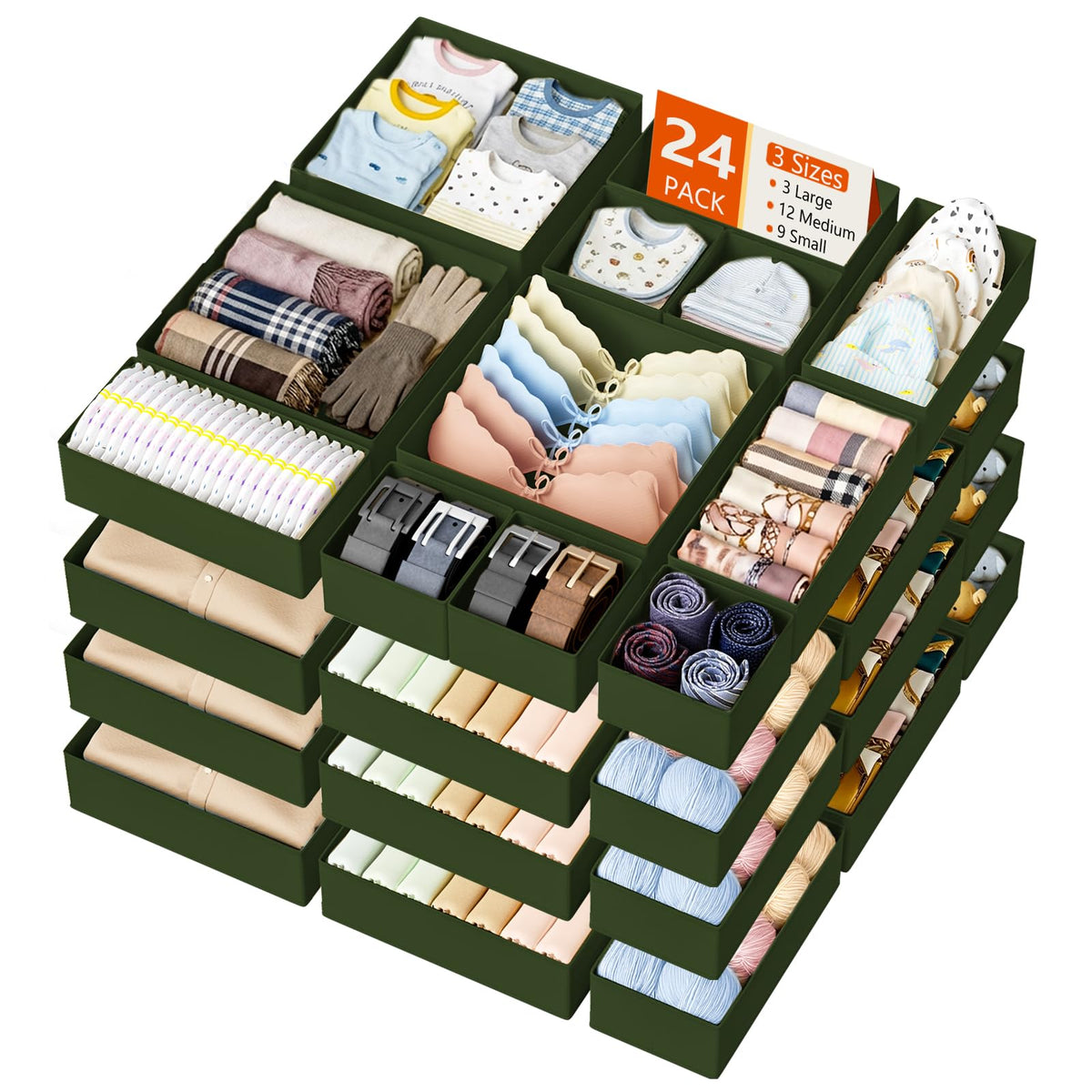 DIMJ Drawer Organizer Clothes, 24 Pack Dresser Organizer, Foldable Closet Organizers and Storage, Fabric Dresser Bins, Drawer Di