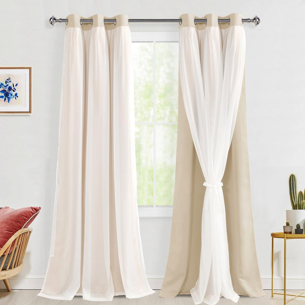 Hiasan Blackout Curtains with White Sheer Overlay, Double Layer Mix & Match Thermal Insulated Room Darkening Curtains for Girls 