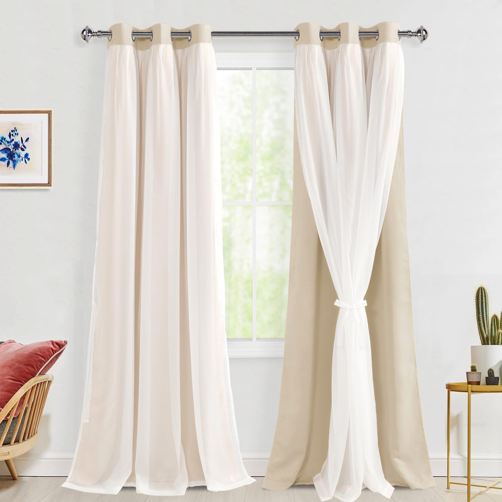 Hiasan Blackout Curtains with White Sheer Overlay, Double Layer Mix & Match Thermal Insulated Room Darkening Curtains for Girls 