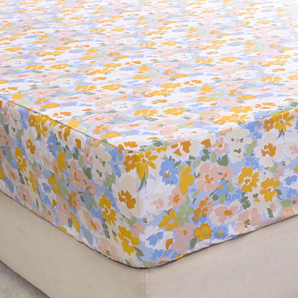 Naturety Bedding Fitted Sheet With Deep Pocket,Colorful Flower Printed Fabric Bed Sheets (Colorful Garden, Full)